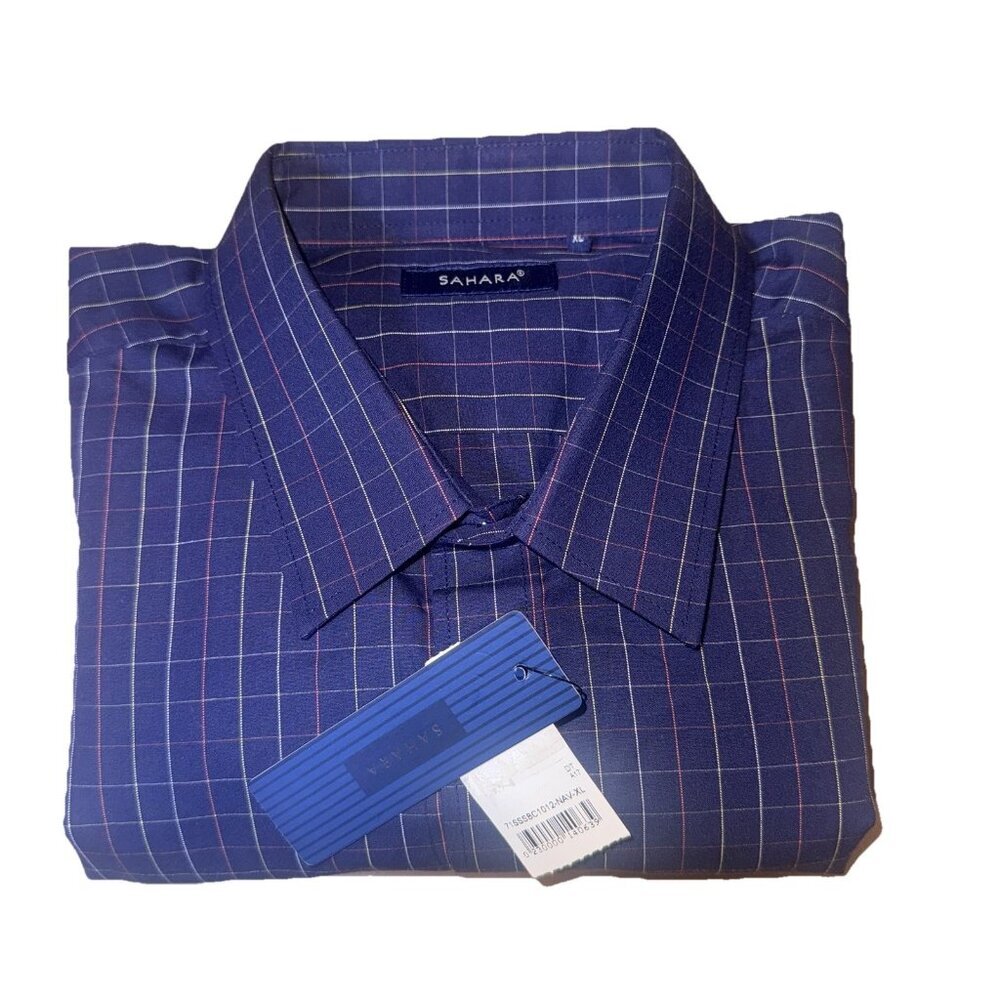 New Men's Sahara Casual Short Sleeve Shirt Navy Blue Checkered Size XL